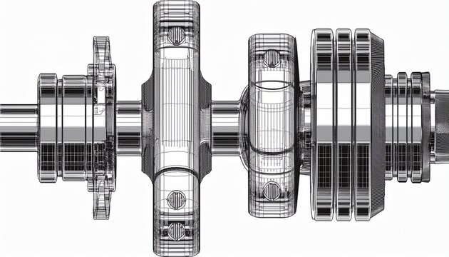 crankshaft cad technical drawing and 3d illustration structural and fatigue analysis mechanical part piston engine motor white background isolated