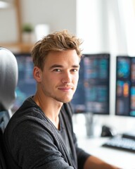 Young Trader Confident Professional in Fintech Office with Multiple Monitors