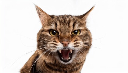 fierce cat displaying anger in a animal perspective isolated on white background