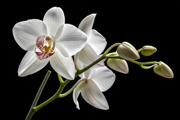 Obraz na płótnie Canvas White phalaenopsis orchid in bloom, isolated on a black background, showcases natural beauty