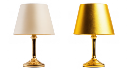 Two elegant gold lamps, one with a classic white shade and the other with a luxurious gold shade, standing side by side against a transparent background