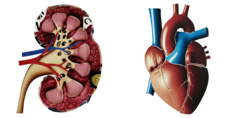 PNG Detailed anatomical models of a kidney and heart.