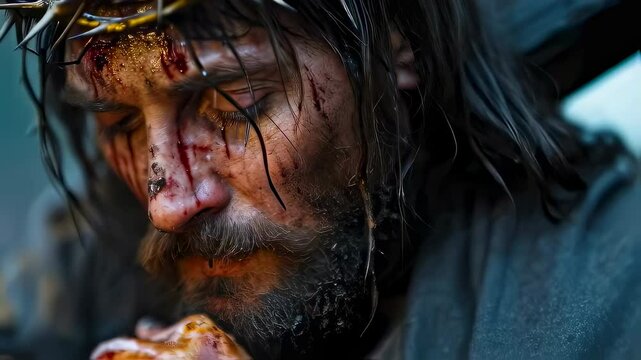 The Passion of Jesus Christ, Jesus Christ in the Crown of Thorns Carries the Cross. Christian Religious Video of Good Friday
