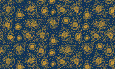 Sunflowers yellow pattern on a dark blue background linear vector seamless ornament for textile, fabric, interior, ceramic, wallpaper, paper decoration