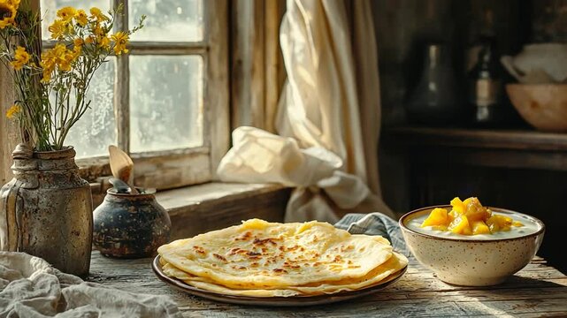 indian stuffed paratha with pickle and yogurt video