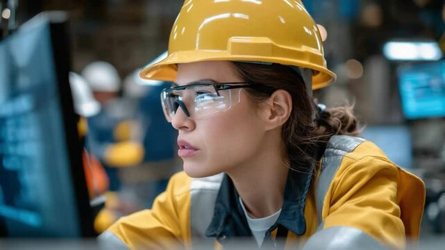 Focused Engineer: A focused female engineer, clad in protective eyewear and a hard hat, deeply absorbed in her work at a computer. This image conveys intelligence, professionalism.