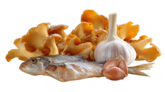Smoked fish lies on a transparent background under chanterelle mushrooms and next to a bulb of garlic with cloves, creating a rustic culinary scene