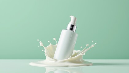 white skincare bottle in a milk splash against a mint green background high speed product mockup for beauty branding with clean aesthetic and e commerce focus