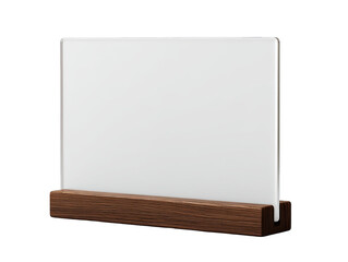Empty white acrylic display board on a dark wood stand