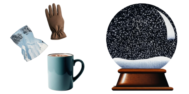 PNG collage features a snow globe glove and mug on a transparent background.