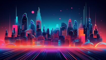 a cityscape with neon lights and buildings is shown in a futuristic style