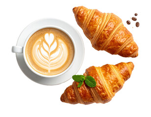 Cup of coffee with latte art and croissants isolated on transparent background
