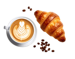 Cup of coffee with latte art and croissants isolated on transparent background