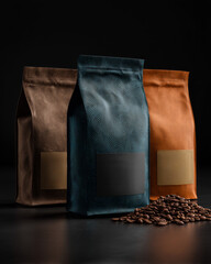 Three bags of coffee beans with different colors and designs. The bags are placed on a table with a pile of coffee beans in the foreground