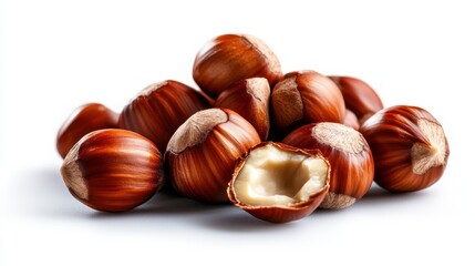 A composition of freshly shelled hazelnuts arranged on a white background, highlighting their natural texture and rich colors that evoke feelings of nourishment and earthy goodness.