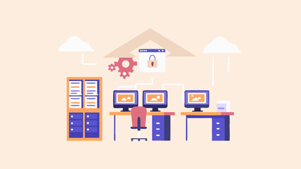 Fototapeta premium Illustration of a secure cloud network with computers and office furniture in a light setting