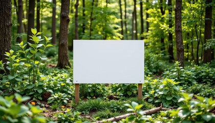 blank white sign mockup in lush green forest setting outdoor signage presentation for eco brand marketing and environmental product showcase