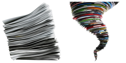 PNG Stacked papers transform into a swirling magazine tornado.