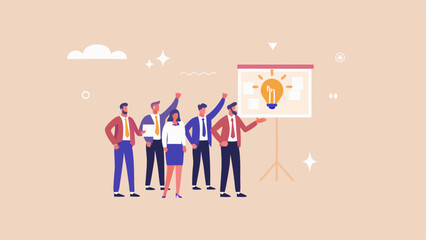 Business team presenting a light bulb idea on a whiteboard with positive reactions and celebration