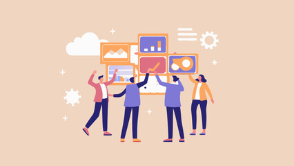 Team celebrating success with data dashboards and charts in a collaborative environment shown here