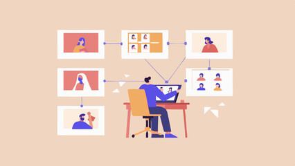 Person attending a virtual meeting with multiple participants using a laptop and a yellow rolling chair