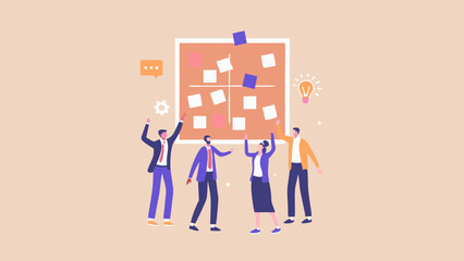 Illustration of a team brainstorming with sticky notes on a board and celebrating success together