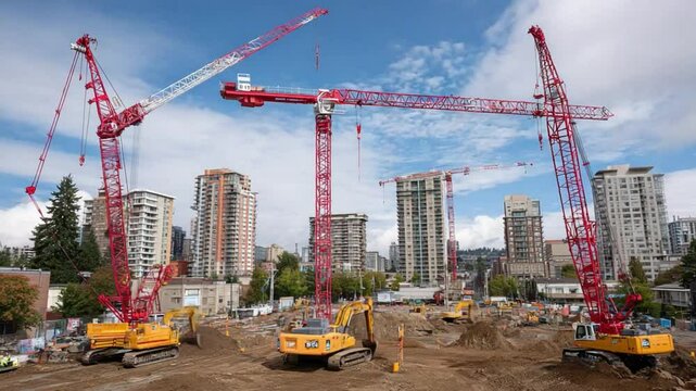 Construction Cranes: A dynamic image showcasing a bustling construction site with multiple towering cranes dominating the urban landscape. Excavators at work, buildings under construction.