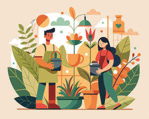 Two gardeners caring for plants and flowers with watering cans in a flat design style