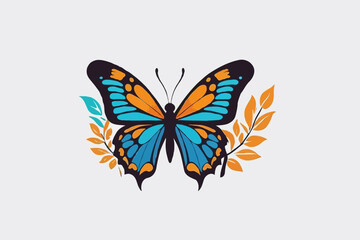 Obraz premium Colorful Butterfly with Blue and Orange Wings and Leaves