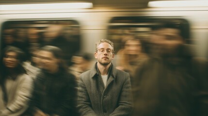 Man sitting calmly in subway train surrounded by blurred commuters conveying stillness in chaos