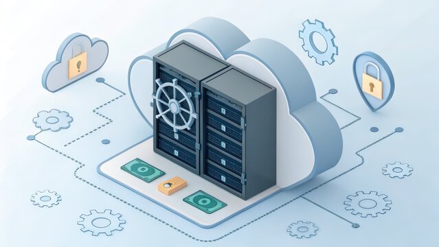 3D illustration of cloud computing infrastructure with secure servers, data protection, and financial elements representing digital security.