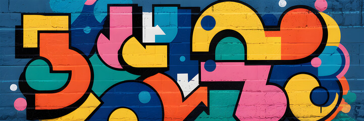 Naklejka premium Vibrant Street Art Mural with Bold Geometric Shapes and Abstract Graffiti Style