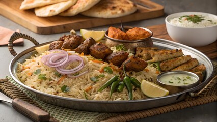 Hyderabadi Chicken Biryani Platter with Naan, Raita, and Salad