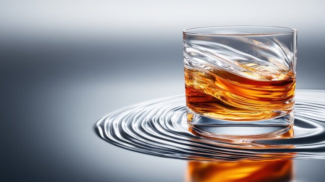 A stylish whiskey glass filled with golden liquid sits on a smooth surface, the swirling ripples evoking a sense of luxury and indulgence, perfect for sophisticated enjoyment.