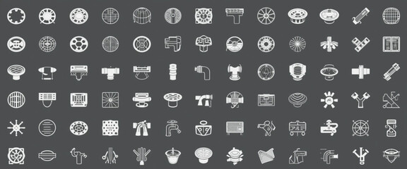 a grid of 50 meticulously designed icons, each representing different components of drainage systems