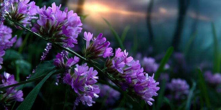 Vibrant purple flowers blooming in a serene meadow at dusk with a soft sunset glow in the background