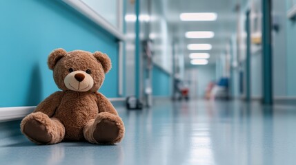 A heartwarming image of a teddy bear sitting on the hospital floor evokes feelings of comfort, childhood innocence, and the importance of care and love in difficult times.