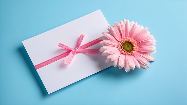 Pink gerbera daisy and white envelope tied with pink ribbon on blue background - Powered by Adobe