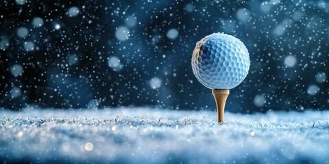 Golf ball on a tee covered in snow with falling snowflakes in a winter landscape