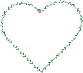 Heart shape made of green branches and pink hearts.