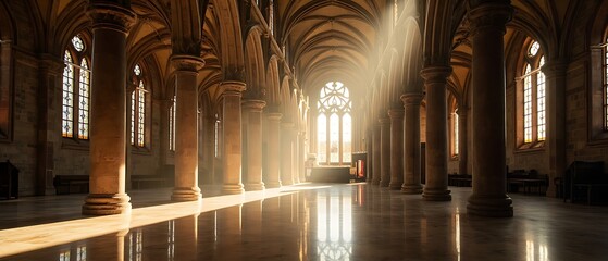 Magnificent interior view of a classical cathedral with sunbeams streaming through stained glass windows illuminating the church architecture