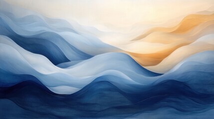 Painting of a mountain range with a sunset blue beige colors background