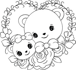 Cute bear family with flowers and heart frame.