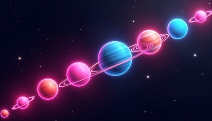 Naklejka premium Colorful digital representation of planets with rings against a starry background in space exploration theme