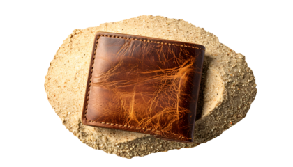 realistic brown leather wallet resting on pile of sand, lost item or travel finance concept, on isolated background
