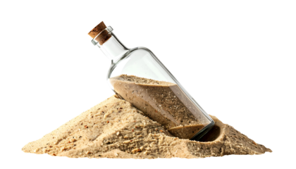 realistic glass bottle sealed with cork and filled with sand resting on pile of beach sand, treasure or mystery message concept, on isolated background
