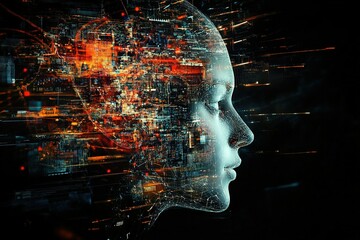 Artificial intelligence looking at smart city, connected with planet through global mobile internet on phone