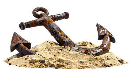 realistic rusty iron anchor resting on pile of sand, nautical symbol of shipwreck or stability, on isolated background
