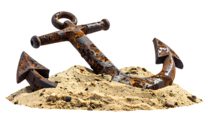 realistic rusty iron anchor resting on pile of sand, nautical symbol of shipwreck or stability, on isolated background
