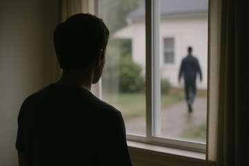 Man watches another person walk away from his house on a rainy day